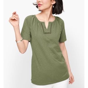Talbots lace trim split neck tee